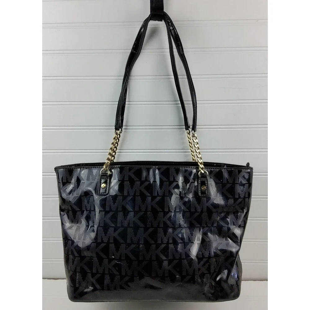 Michael Kors MK Patent Tote Shoulder Handbag Purse Black